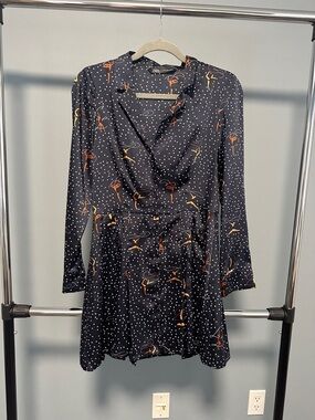 Zara Navy Blue Printed Long Sleeve Satin Effect Mini Dress – Size S – Like New